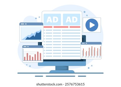 Advertising Analysis Concept, Detailed evaluation of commercial advertising, marketing diagram analysis, digital marketing elements, graphs and charts. Flat vector illustration on background.