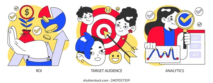 Advertising analysis set. Maximizing ROI, targeting the right audience, and measuring ad performance. Keys to successful marketing depicted. Flat vector illustration.