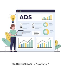 Advertising analytics illustration featuring digital marketing business statistics and online campaign management concept for web design projects
