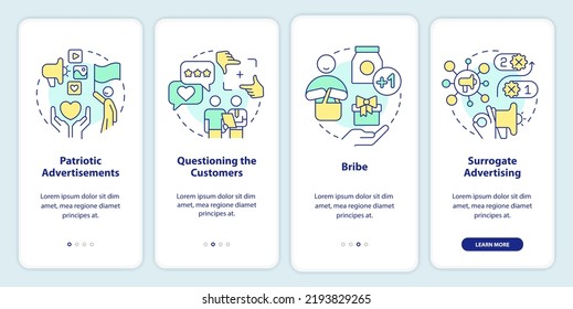 Advertising approaches onboarding mobile app screen. Company strategy walkthrough 4 steps editable graphic instructions with linear concepts. UI, UX, GUI template. Myriad Pro-Bold, Regular fonts used