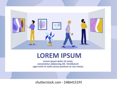 Advertising Art Gallery Excursion Text Banner with Visitors. Cartoon People Characters Visiting Contemporary Artworks Museum. Modern Displays Presentation, Exposition Paintings. Vector Illustration