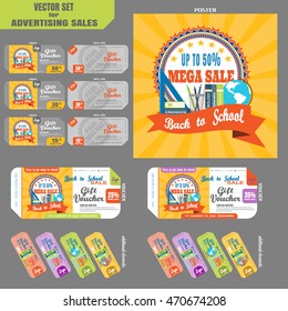 Advertising Back To School Fair Vector Set With Poster And Various Gift Vouchers On The Gray Background.