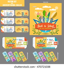Advertising Back to school fair vector set with poster and gift vouchers on the gray background.