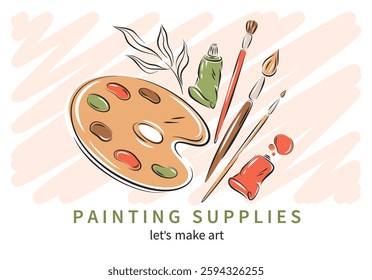 Advertising backdrop with painters stationery. Painting supplies. Creative hobby accessories. Vector illustration