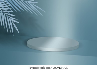 Advertising background with empty podium for product demonstration. Pedestal with tropical leaves.