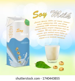 advertising background and packaging of soy milk. Realistic vector cup of soy milk.