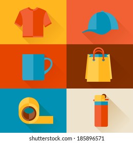 Advertising background with promotional gifts and souvenirs.