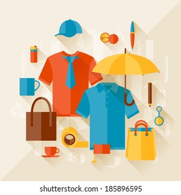 Advertising background with promotional gifts and souvenirs.