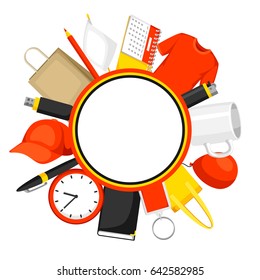 Advertising background with promotional gifts and souvenirs.