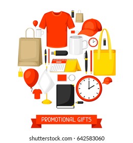 Advertising background with promotional gifts and souvenirs.