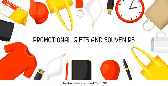 Advertising background with promotional gifts and souvenirs.