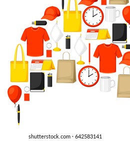 Advertising background with promotional gifts and souvenirs.