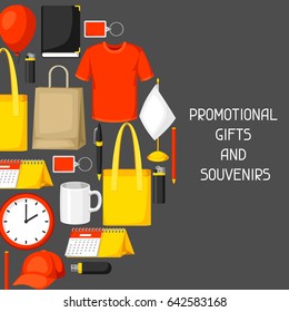 Advertising background with promotional gifts and souvenirs.