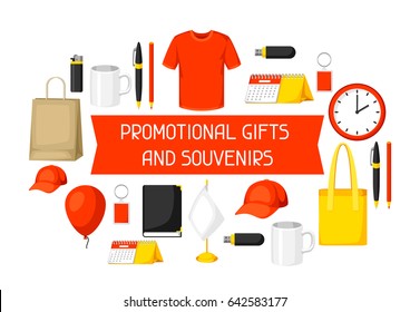 Advertising background with promotional gifts and souvenirs.