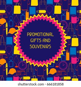 Advertising background with promotional gifts and souvenirs.