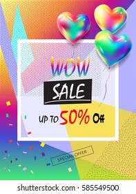 Advertising background. Sale discount special offer poster with balloons, Carnival Rio colorful background. Gift card design. Modern style, Sale up to fifty percent off. Promotion Poster Sale Flyer