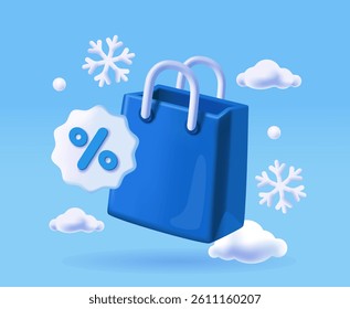 Advertising background with shopping bag. Marketing banner with package surrounded by snowflakes and cloud. Seasonal winter sale, special offer and discount. 3D vector illustration in plasticine style