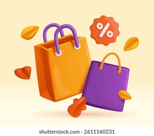 Advertising background with shopping bags. Banner with packages surrounded by falling autumn leaves. Seasonal autumn Sale, Special Offer and Discount. 3D vector illustration in plasticine style