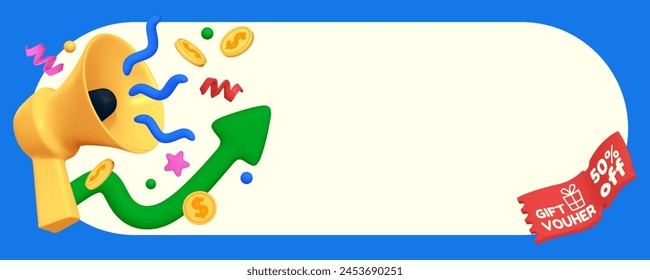 Advertising banner with 3D coupon, megaphone speaker, confetti and coins. Bright banner with 3D vector rendering elements for online sales and shopping.