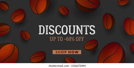 Advertising banner with 3d Vector Coffee Beans and typography, website banner template for sale and discounts for coffee, cover layout