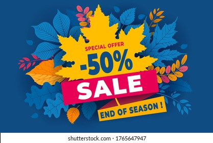 Advertising banner about Autumn Sale at the end of season with bright fall leaves. Invitation for shopping with 50 percent off. Trendy style, classic blue background. Vector illustration. 