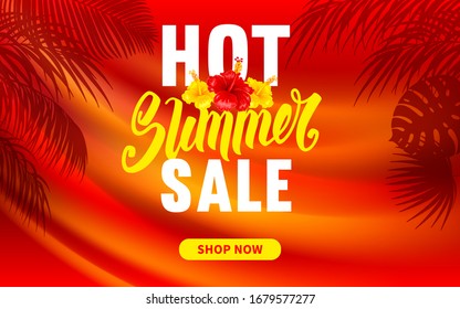 Advertising banner about summer sale. Expressive lettering, hibiscus flowers, exotic leaves and button for shop now on the tropical sunset background in red tone. Vector illustration.