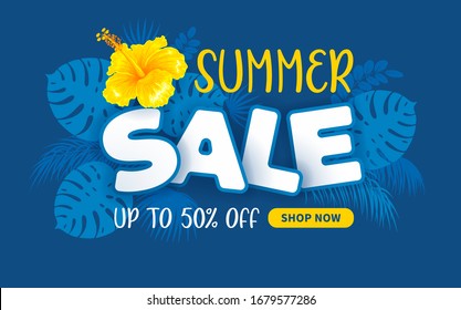 Advertising banner about summer sale. Expressive lettering, bright hibiscus flower, tropical leaves and button for shop now on trendy classic blue background. Cartoon style. Vector illustration.