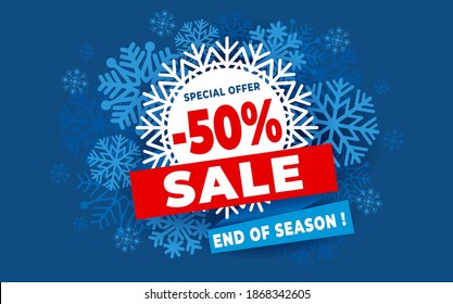 Advertising banner about Winter Sale at the end of season with snowflakes. Invitation for shopping with 50 percent off. Trendy style, dark blue background. Vector illustration. 