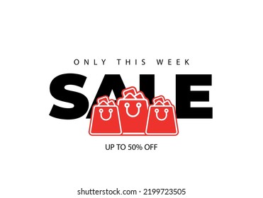 Advertising banner with big black inscriptions mega sale, only this week, black and white sticker with the inscription up to 50% off, red shopping cart on a white background