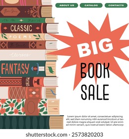 Advertising banner for a big sale in a bookstore, fair or online application. Book selling business. Promotion and popularization of reading. Literature for leisure and education. Vector illustration.