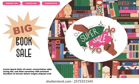 Advertising banner for a big sale in a bookstore, fair or online application. Book selling business. Promotion and popularization of reading. Literature for leisure and education. Vector illustration.