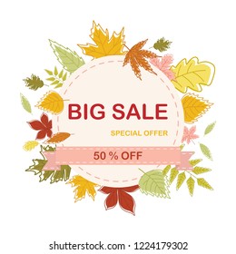 Advertising banner for Big Sale Festival with fall leaves background,flat design style,vector leaf seasonal graphic illustration.