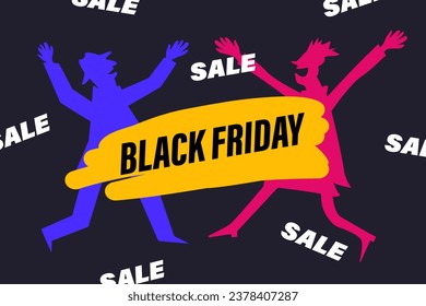 Advertising banner "Black Friday".Vector flat illustration of cheerful people in a hurry to go shopping. Concept of discounts at  mall, sales on Black Friday