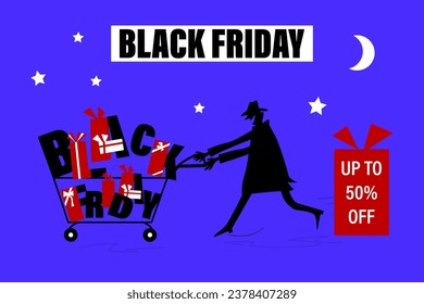 Advertising banner "Black Friday".Vector flat illustration of cheerful people in a hurry to go shopping. Concept of discounts at  mall, sales on Black Friday