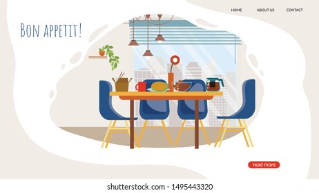 Advertising Banner Bon Appetit Lettering Cartoon. Flyer Staff Room In Modern Office. Creative Poster Dining Table Is Set For Healthy Diet For Employees. Vector Illustration Landing Page.