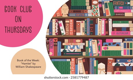 Advertising banner for a book club or library. Bookshelves. Promotion and popularization of reading. Joint readings. Literature for leisure and education. Vector illustration.