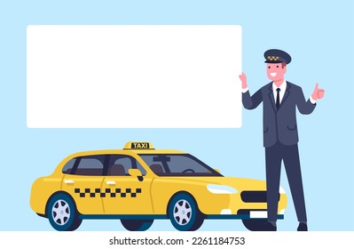 Advertising banner for cab service. Driver showing blank placard. Taxi automobile. Chauffeur in uniform. Advertisement poster presentation. Empty board. Yellow vehicle