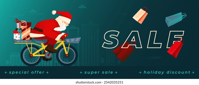 The advertising banner of the Christmas sale. A man in a Santa costume is riding a bike fast to a Christmas sale. Special offer, super sale and holiday discount. Vector illustration.