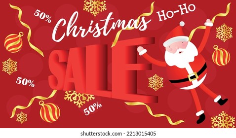 Advertising banner for Christmas sale with Santa Claus on red ba