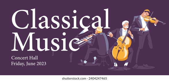 Advertising banner of a classical music concert. Various musicians on large fonts and a dark background. Performance in a night club. Vector flat illustration