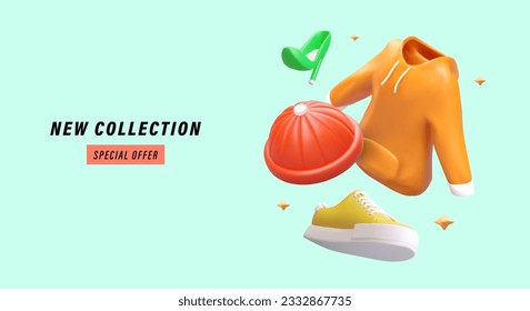 Advertising banner of clothing store. New collection, special offer. 3D illustration in cartoon style. Clothes, shoes, hats for men and women. Concept for web design