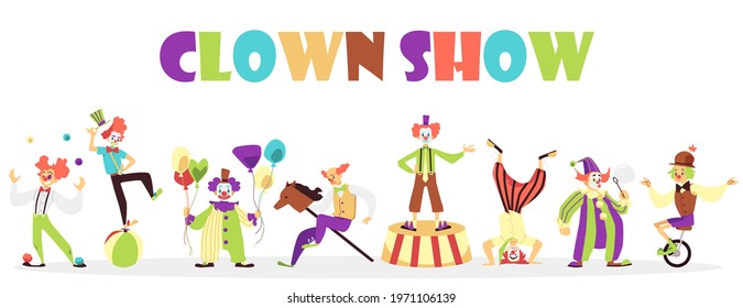 Advertising banner for clown circus show with funny colorful characters, flat cartoon vector illustration. Banner or flyer template for clown performance.