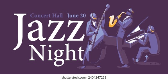 Advertising banner of a concert of jazz music. Musicians on large fonts and a dark background. Performance in a night club. Vector flat illustration