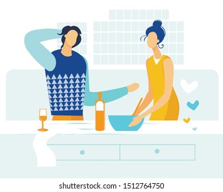 Advertising Banner Cooking Dinner Couple in Love. Man and Woman have Fun Cooking in Kitchen. Vector Illustration.
