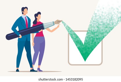 Advertising Banner Coordination Issues Cartoon. Poster Conceptual Idea Agreement and Agreement. Flyer Man and Woman Make Mark with an Ink Pen on Completion Task. Vector Illustration.