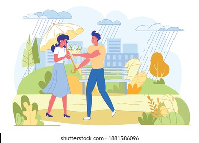 Advertising Banner, Couple in Park on Rainy Day. Happy Guy Meets his Girlfriend, Give her Bouquet and Hold Out an Umbrella so that she not get Wet. In Park are Multi-colored Tall Trees.