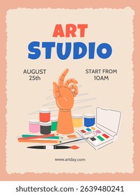 An advertising banner, a cover for an art school, studio, courses, and drawing workshops. Art supplies for creativity: pencils, paints, brushes. Flat vector illustration.