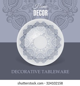 Advertising banner with decorative ceramic tableware for gift shop and store utensils. Vector illustration