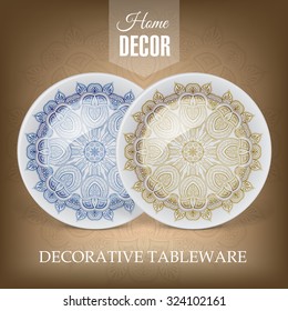 Advertising banner with decorative ceramic tableware for gift shop and store utensils. Vector illustration