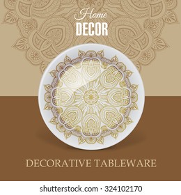 Advertising banner with decorative ceramic tableware for gift shop and store utensils. Vector illustration